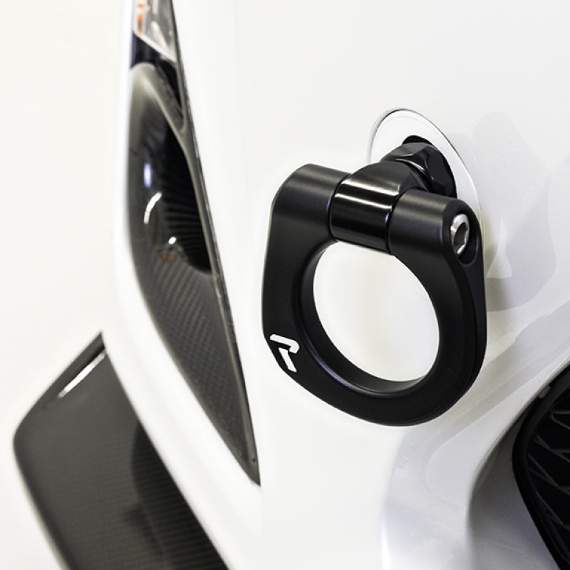 Black front tow hook for 2014+ Chevrolet Corvette, made by Raceseng, designed for performance and easy vehicle recovery.