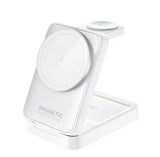 Magnetic 3-in-1 fast charging stand by Gm Service Guy holding a smartphone, smartwatch, and wireless earbuds for device charging.
