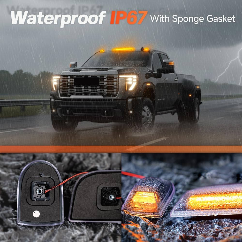 Smoked white and amber LED roof cab lights for GMC and Chevy HD trucks, exterior vehicle lighting by AutoLEDTech.com
