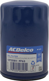 ACDelco GM Original Equipment PF63 engine oil filter, Gm Service Guy brand, showing the cylindrical filter with mounting end