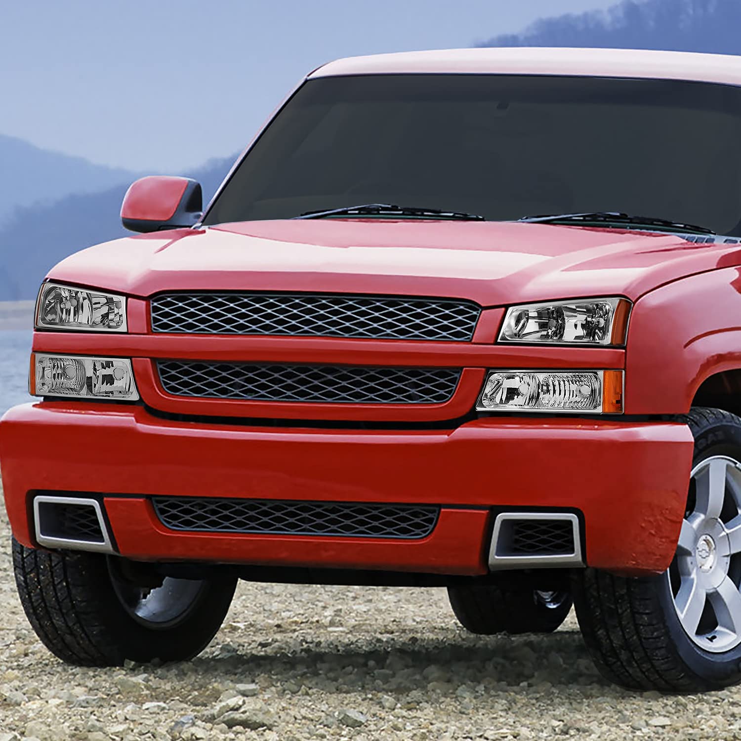 NTXGlow Dna Motoring chrome amber headlights for 2003-2006 Chevy Silverado and Avalanche, featuring stylish design and clear lenses.