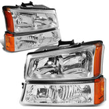 NTXGlow Dna Motoring chrome amber headlights for 2003-2006 Chevy Silverado and Avalanche, showing front view with chrome finish and amber lenses.