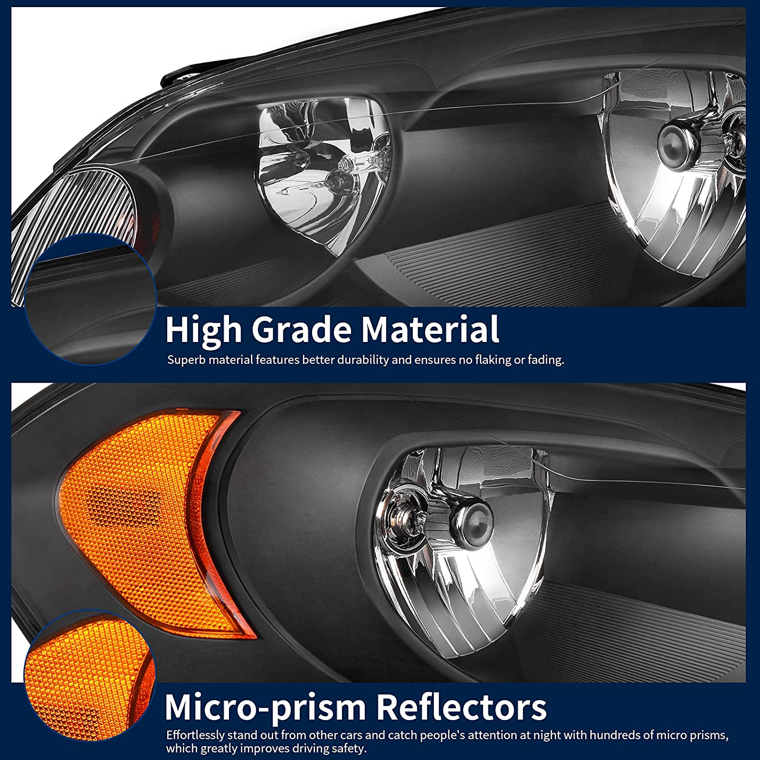 NTXGlow autosaver88 headlight assembly for 2006-2013 Chevy Impala and Monte Carlo with black housing, amber reflector, clear lens