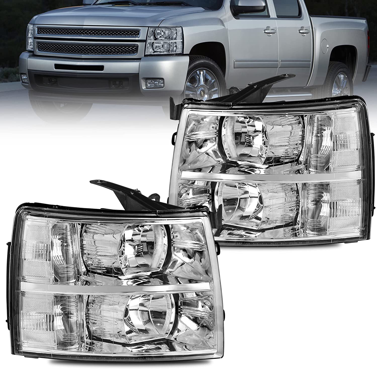 NTXGlow MOSTPLUS headlight assembly for Chevy Silverado with black housing, clear lens, and amber reflector, vehicle lighting part