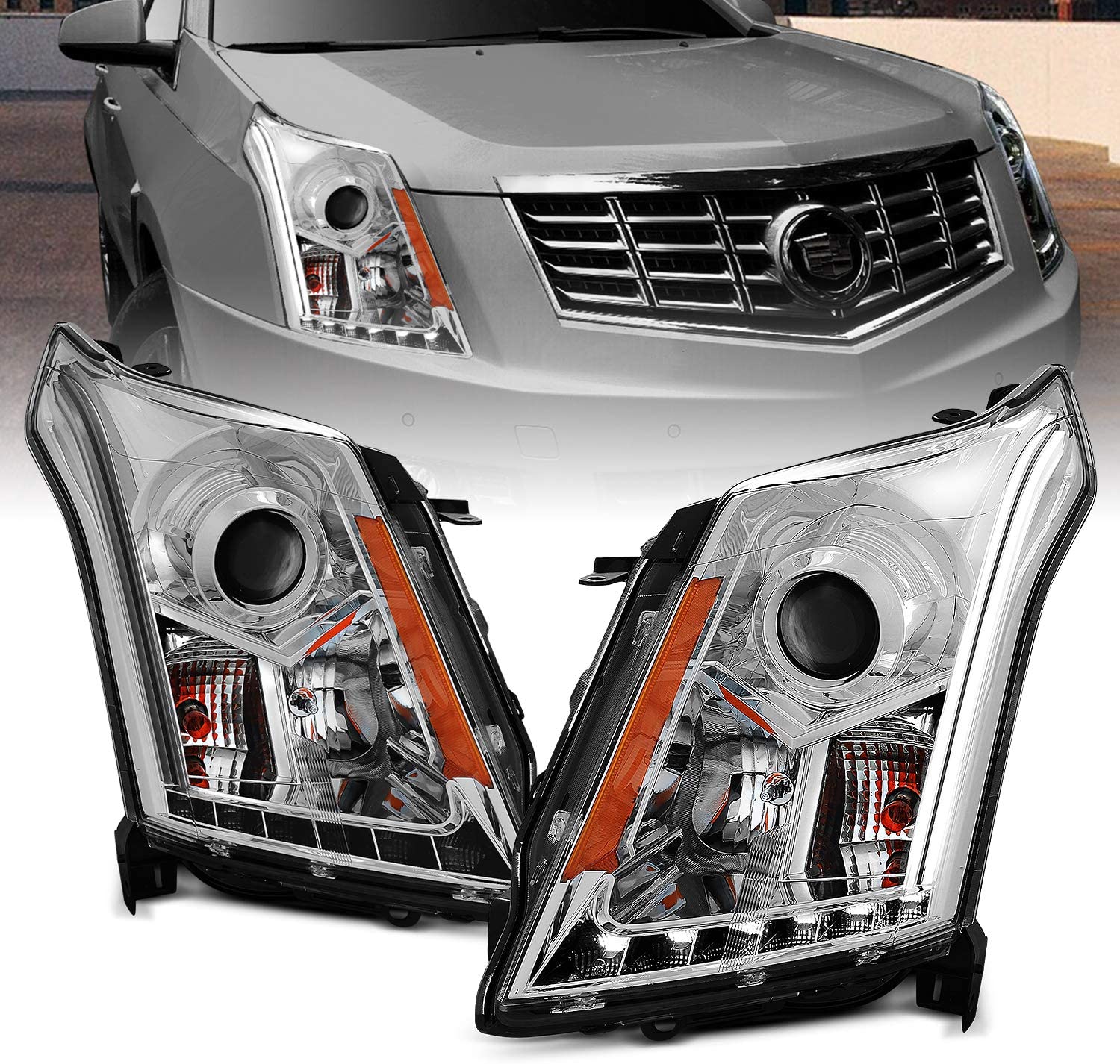 NTXGlow Amerilite Chrome Projector LED Headlights for Cadillac SRX 2010-2016, passenger and driver side replacement lighting.