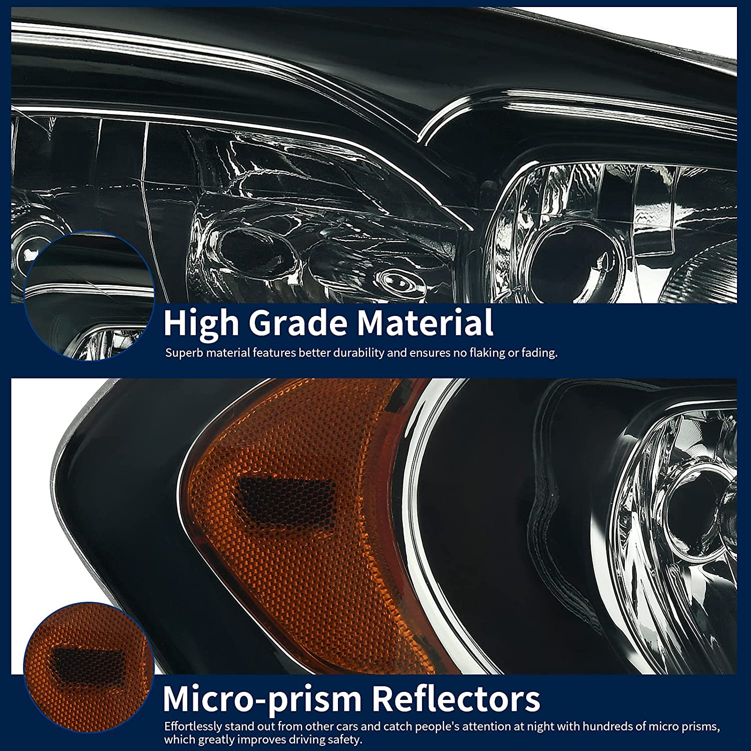 NTXGlow Autosaver88 headlight assembly for 2006-2013 Chevy Impala and Monte Carlo with chrome housing, clear lens, amber reflector, black smoke finish