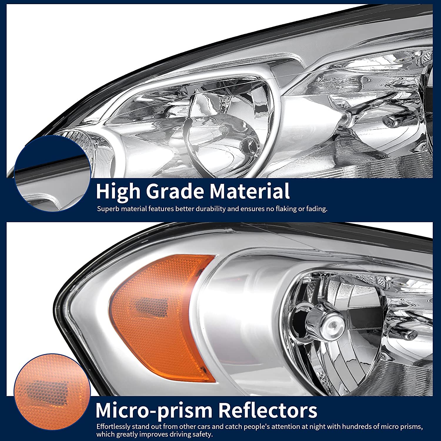 NTXGlow Autosaver88 headlight assembly for 2006-2013 Chevy Impala and Monte Carlo with chrome housing, amber reflector, and clear lens