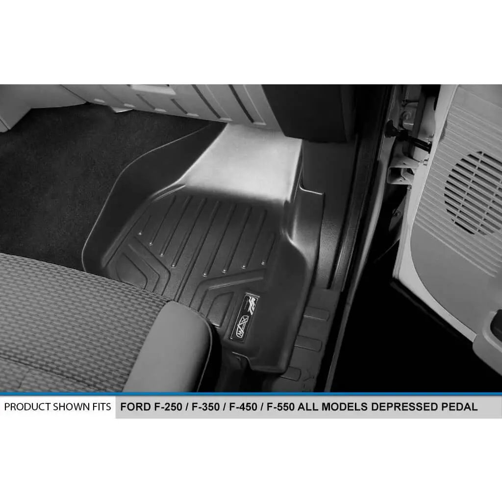 Smartliner USA custom fit floor mats for 2011-2012 Ford F-250/F-350/F-450 Super Duty, with depressed driver side pedal area.