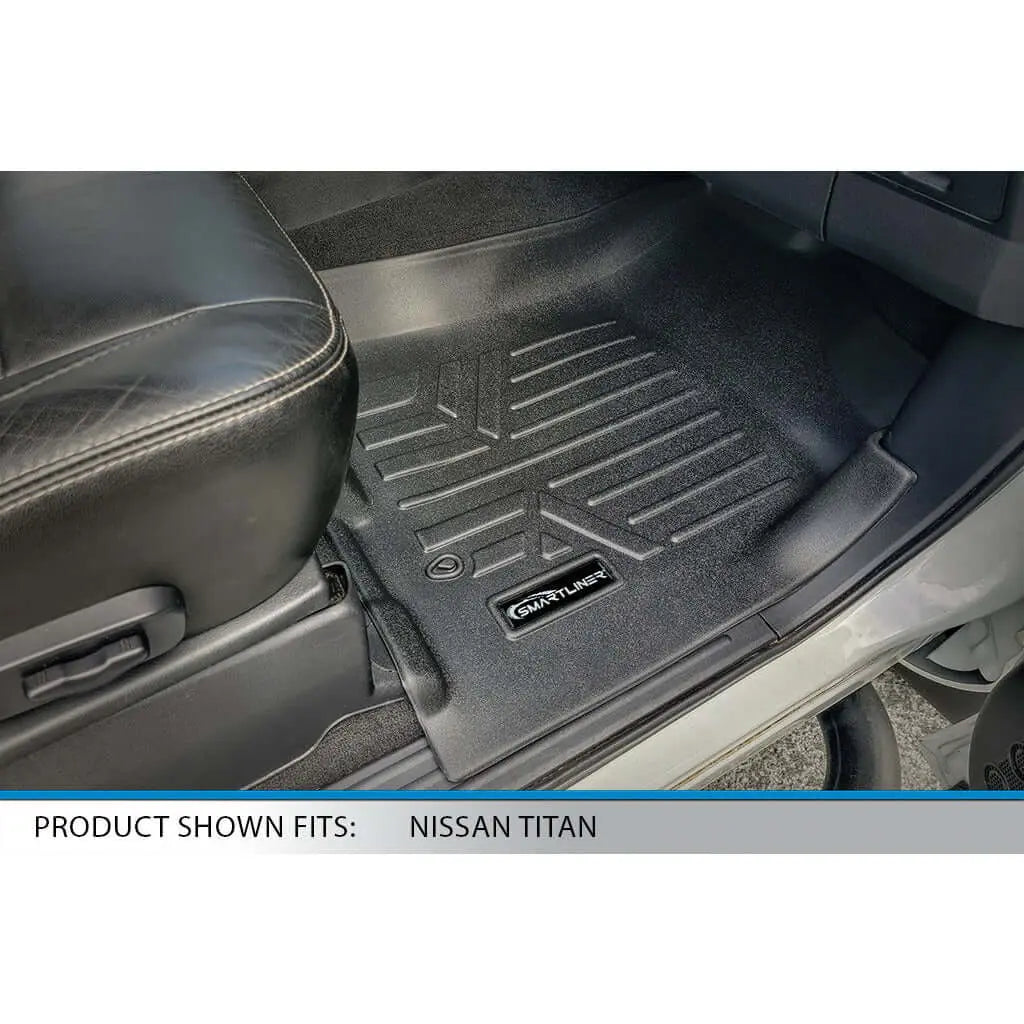 Smartliner USA custom fit floor liner for 2008-2010 QX56 and 2008-2015 Armada and Titan, showing dual driver side floor posts.