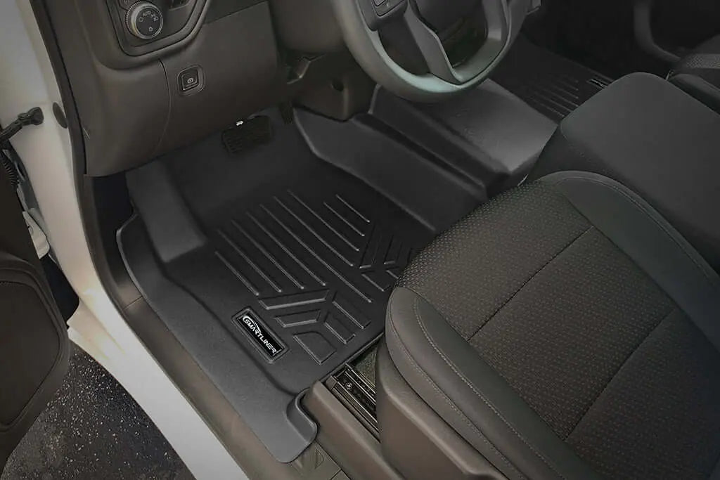 Smartliner USA floor liners for 2020-2026 Chevy Silverado 2500 HD and 3500 HD double cab, vinyl, first row bench, in black.