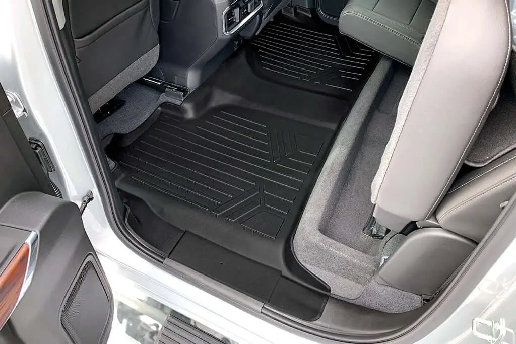 Smartliner USA floor liners for 2020-2026 Chevy Silverado 2500/3500 HD crew cab, 1st and 2nd row storage, in black.