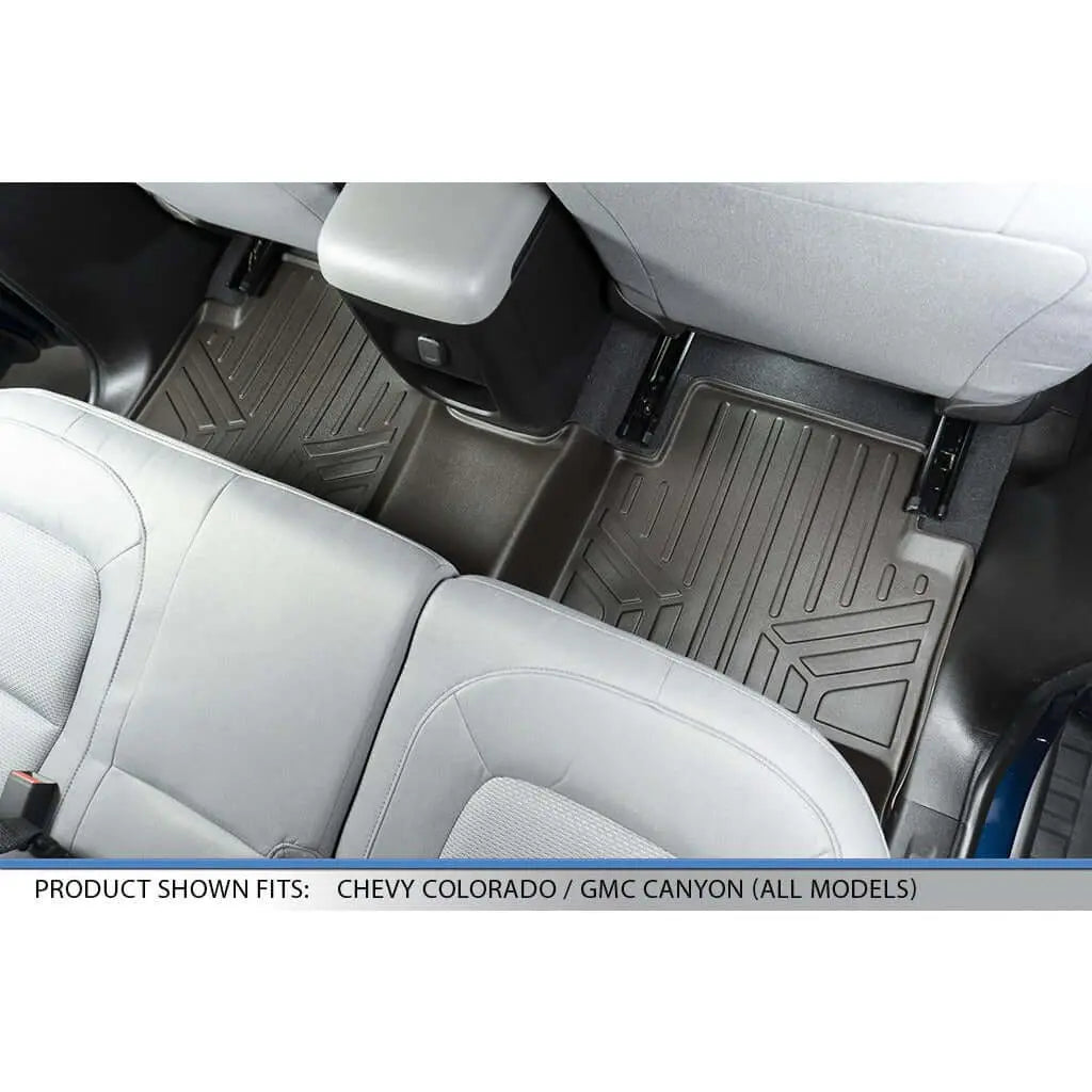 Smartliner USA custom fit floor liners for 2015-2022 Chevy Colorado and GMC Canyon crew cab, showing durable black rubber material