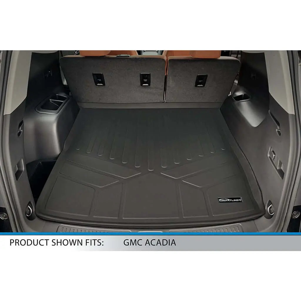 Smartliner USA floor liners for 2017-2023 GMC Acadia 5-passenger vehicle, showing fitted black rubber mats in the car interior.