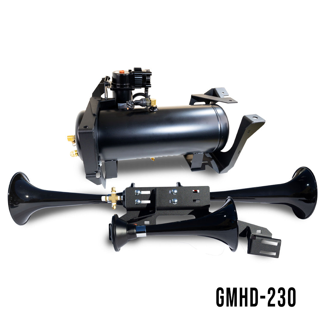 Kleinn automotive direct fit train horn and onboard air system installed in a 2007-2019 GM 2500HD/3500HD truck.