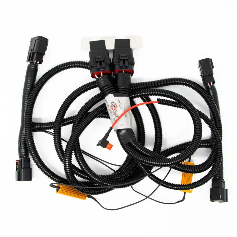 Gen5DIY 14-15 Sierra SLT to 2016-2018 1/2 Ton SLT LED headlight harness, P&P installation, black wiring with connectors.