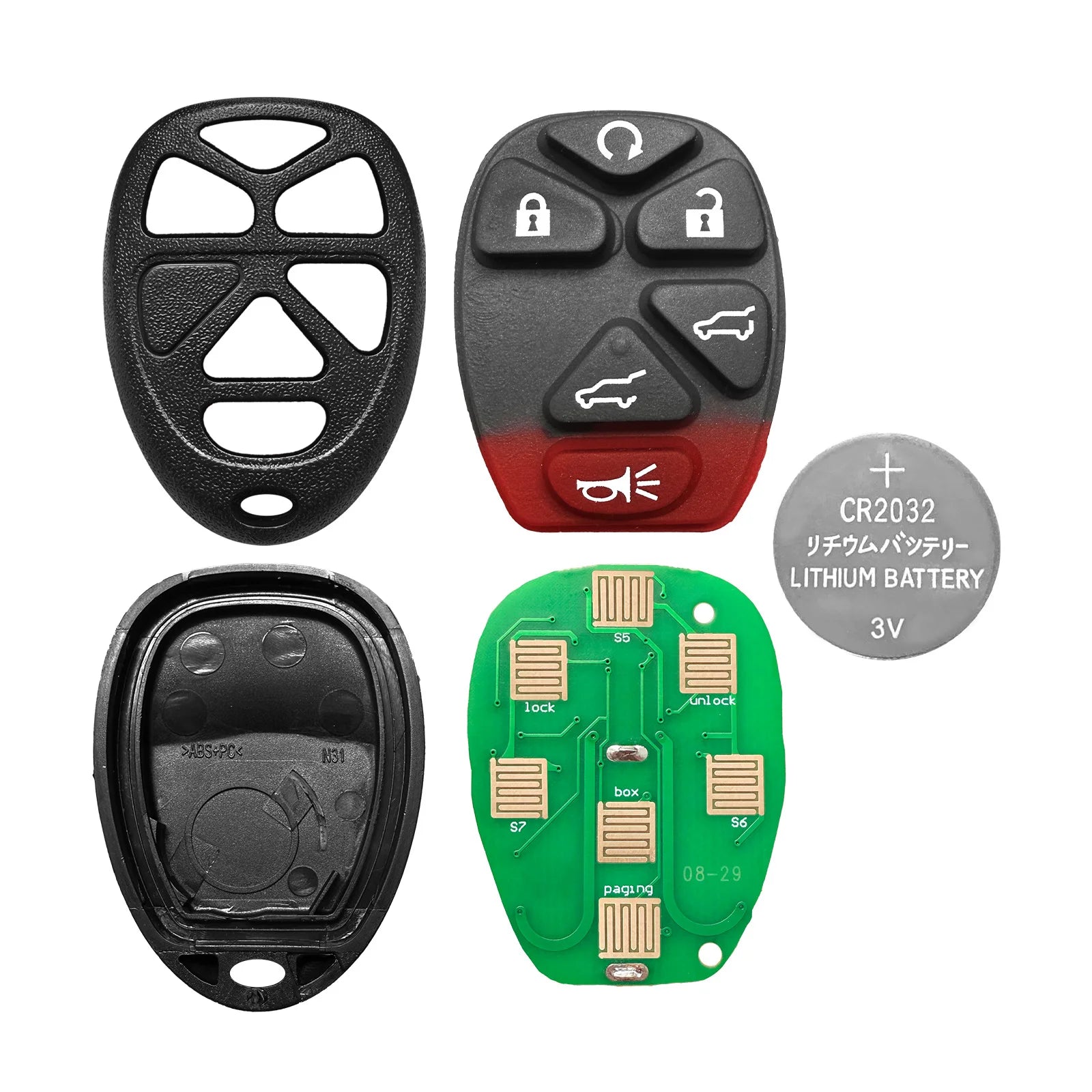 Wholesale OEM 6-button Cadillac Escalade GMC Yukon key fob remote with keyless entry, black plastic with buttons and brand logo.