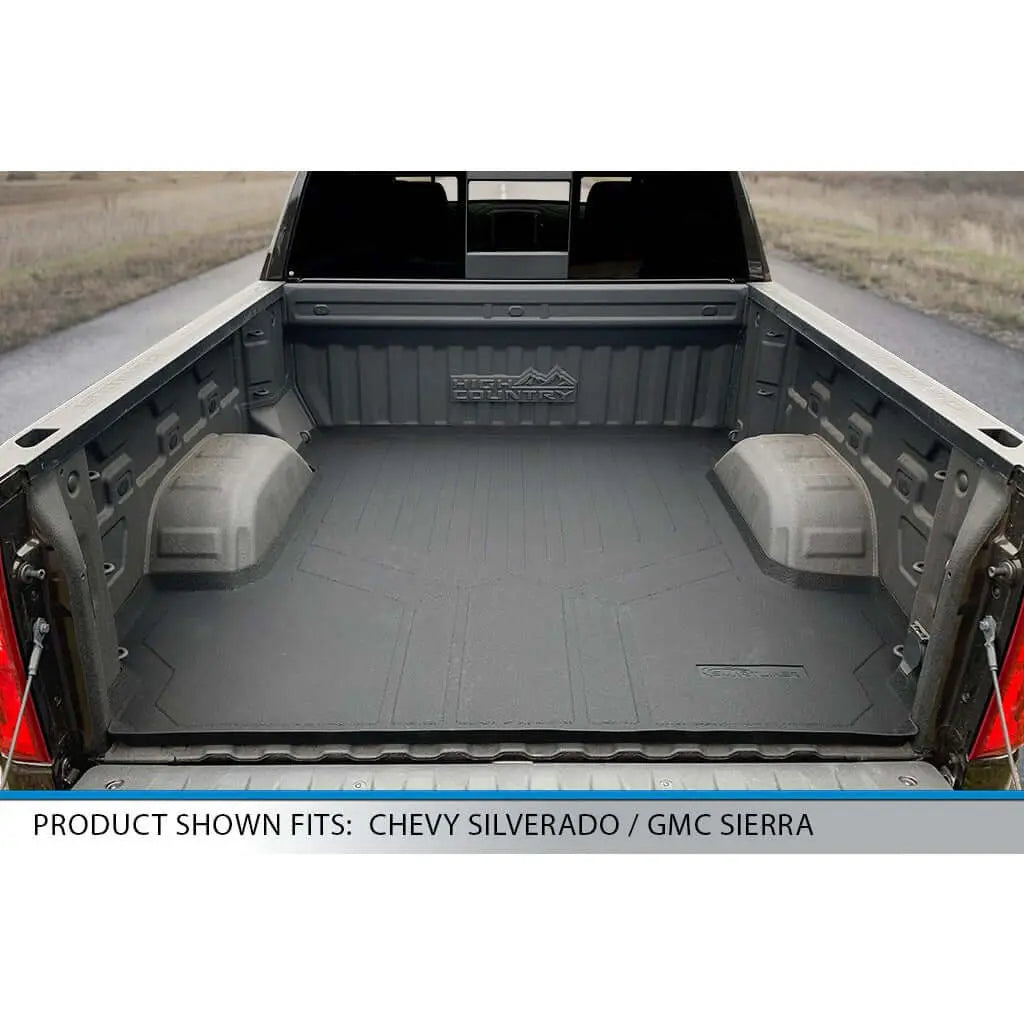SmartCoverage™ floor liners for 2019-2026 Silverado/Sierra Crew Cab by Smartliner USA, showing textured black rubber mats.