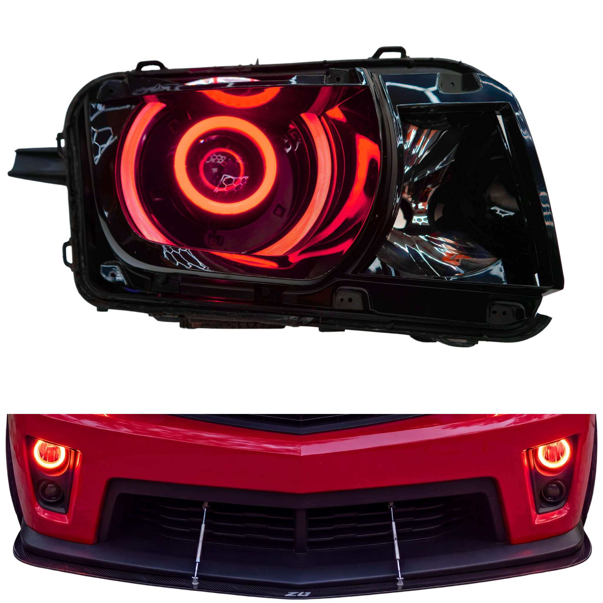 Chevrolet Camaro RS/SS RGBW DRL boards installed in headlights and fog lights, part of RGB Halo Kits for 2010-2013 Camaro.