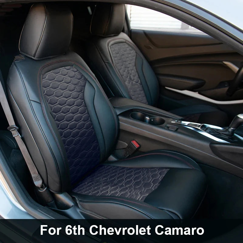 Custom fit Chevrolet Camaro 2016-2024 seat covers in premium artificial leather, full set designed for 6th gen Camaro interior.