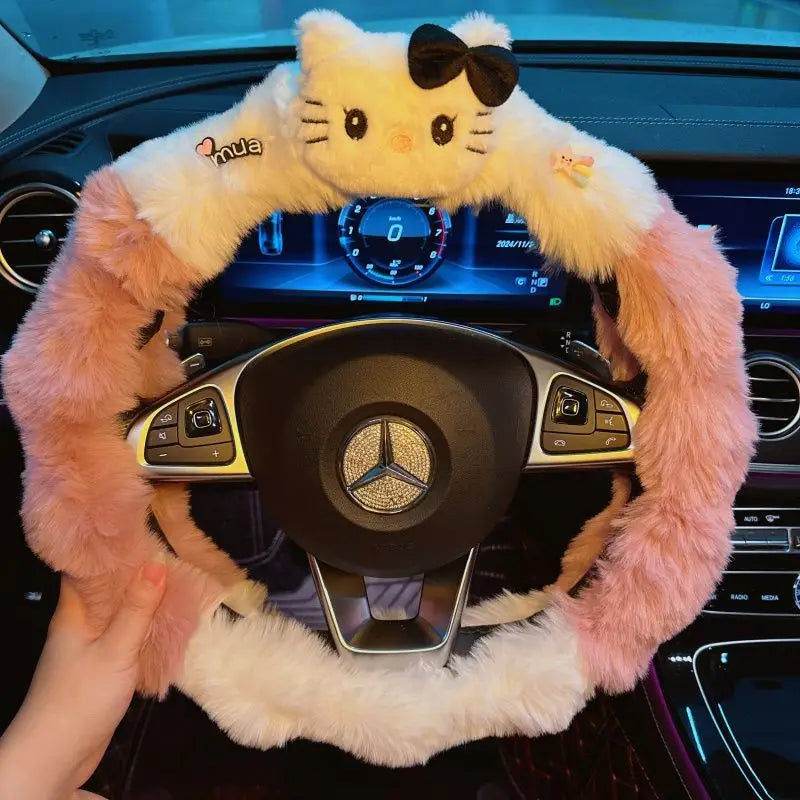Kawaii Cat Plush Steering Wheel Cover – Winter Warm Soft Car Wheel Cover, Cute Interior Accessory FanzyMarket