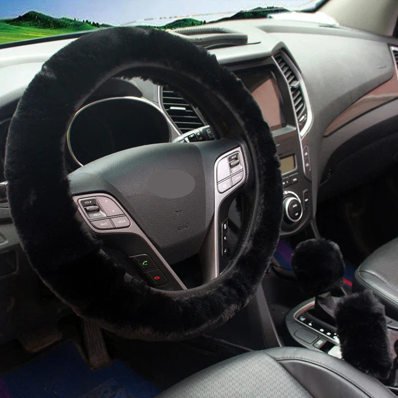 3-Piece Winter Rabbit Plush Car Steering Wheel Cover Set — Handbrake & Gear Lever Sleeves, Soft Fur Auto Interior Accessories FanzyMarket