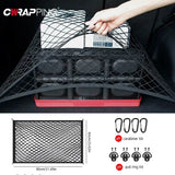 Heavy-duty nylon mesh car trunk organizer with elastic cargo net, suitable for SUVs, sedans, travel, and camping storage.