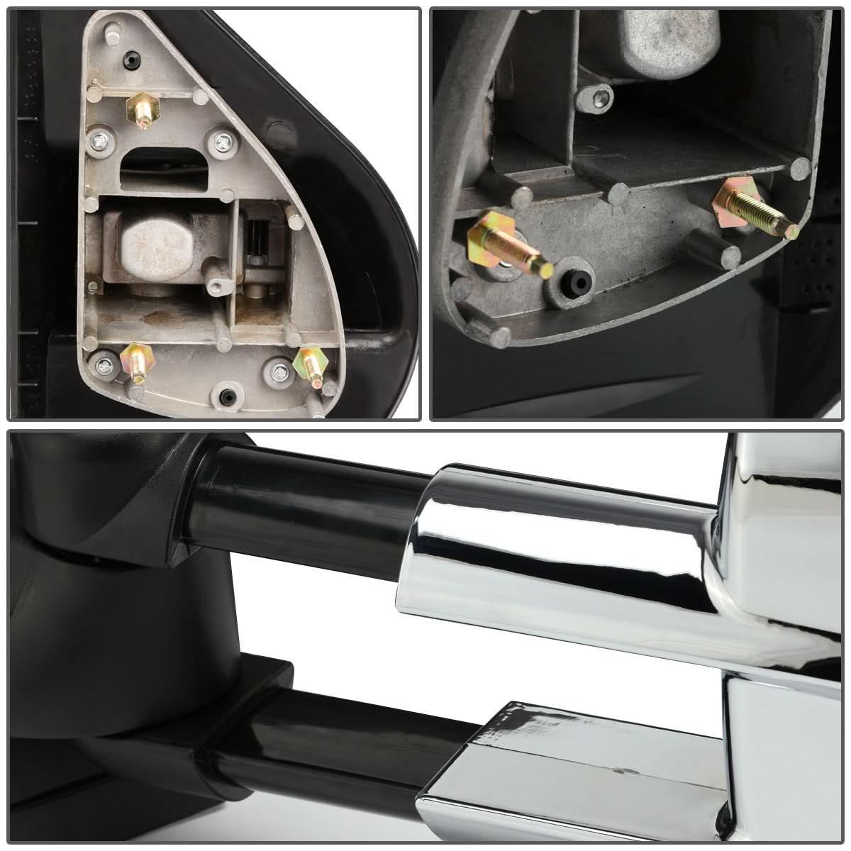 Pair of chrome manual towing mirrors for 2007-2012 Chevrolet Silverado, accessories by K2 Industries, shown from the side.