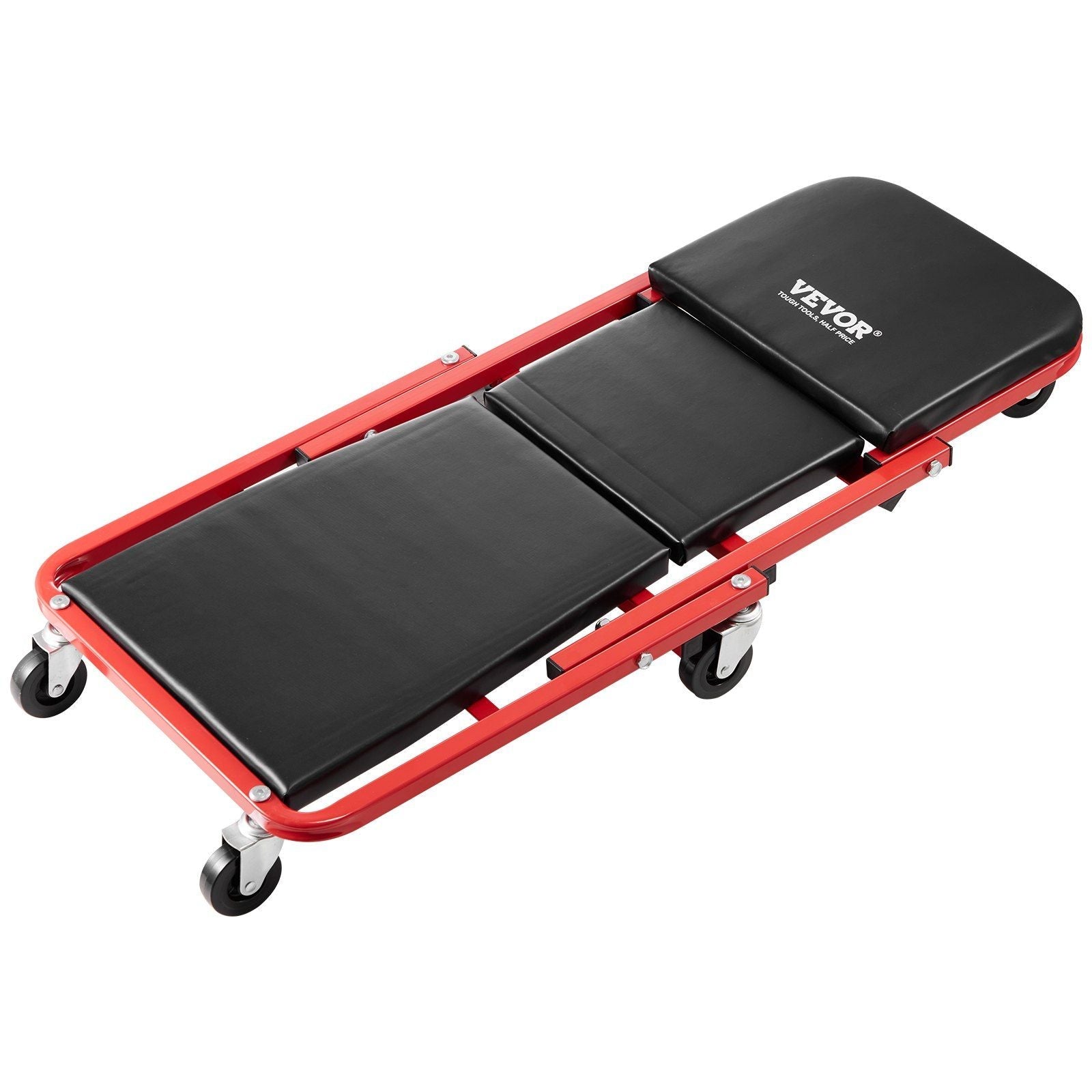 VYSN 36-inch foldable Z garage creeper mechanic stool with 300 lbs capacity, black and red padded seat for automotive work.