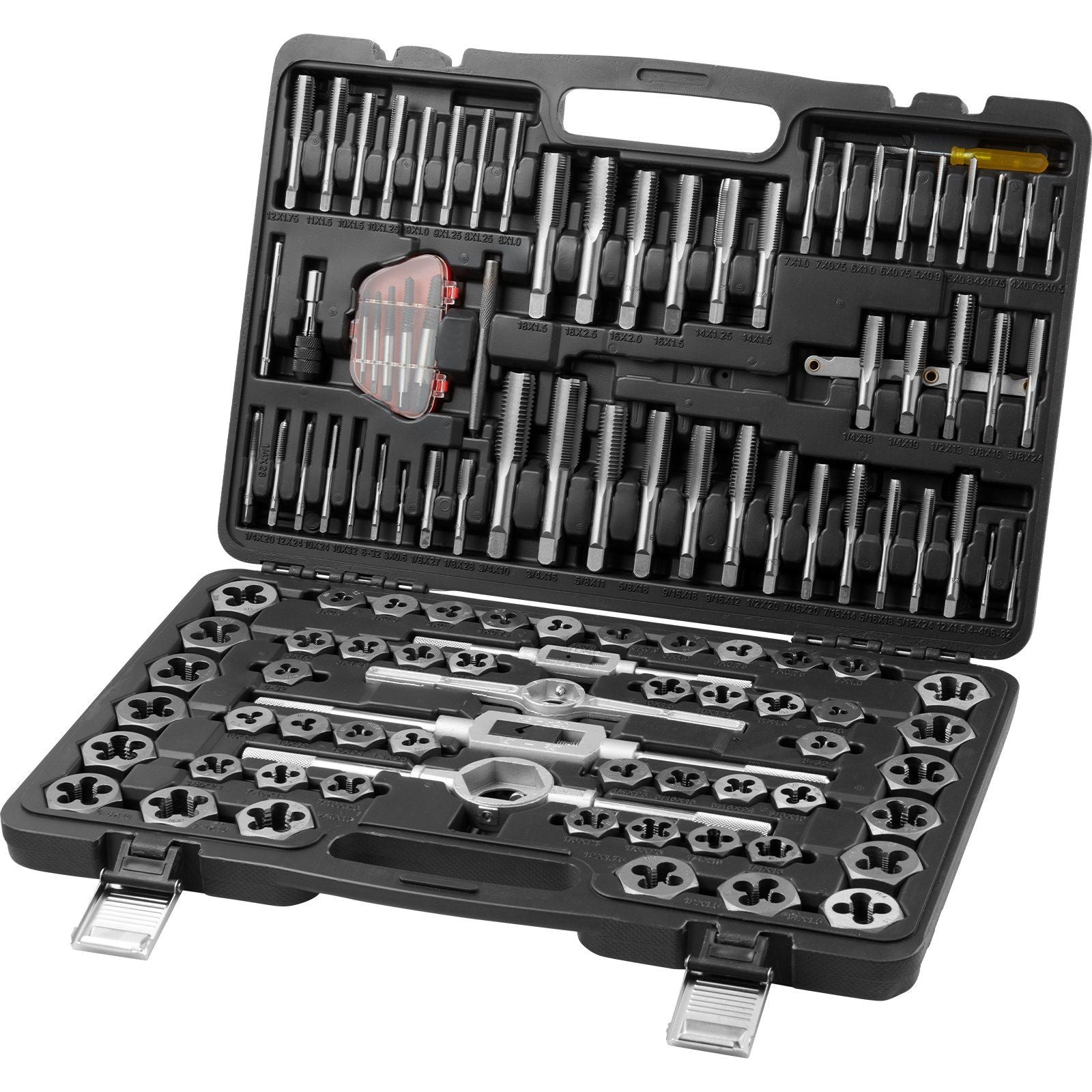VYSN 116-piece tap and die set with metric and SAE sizes, bearing steel taps, dies, and accessories in storage case for threading tasks.