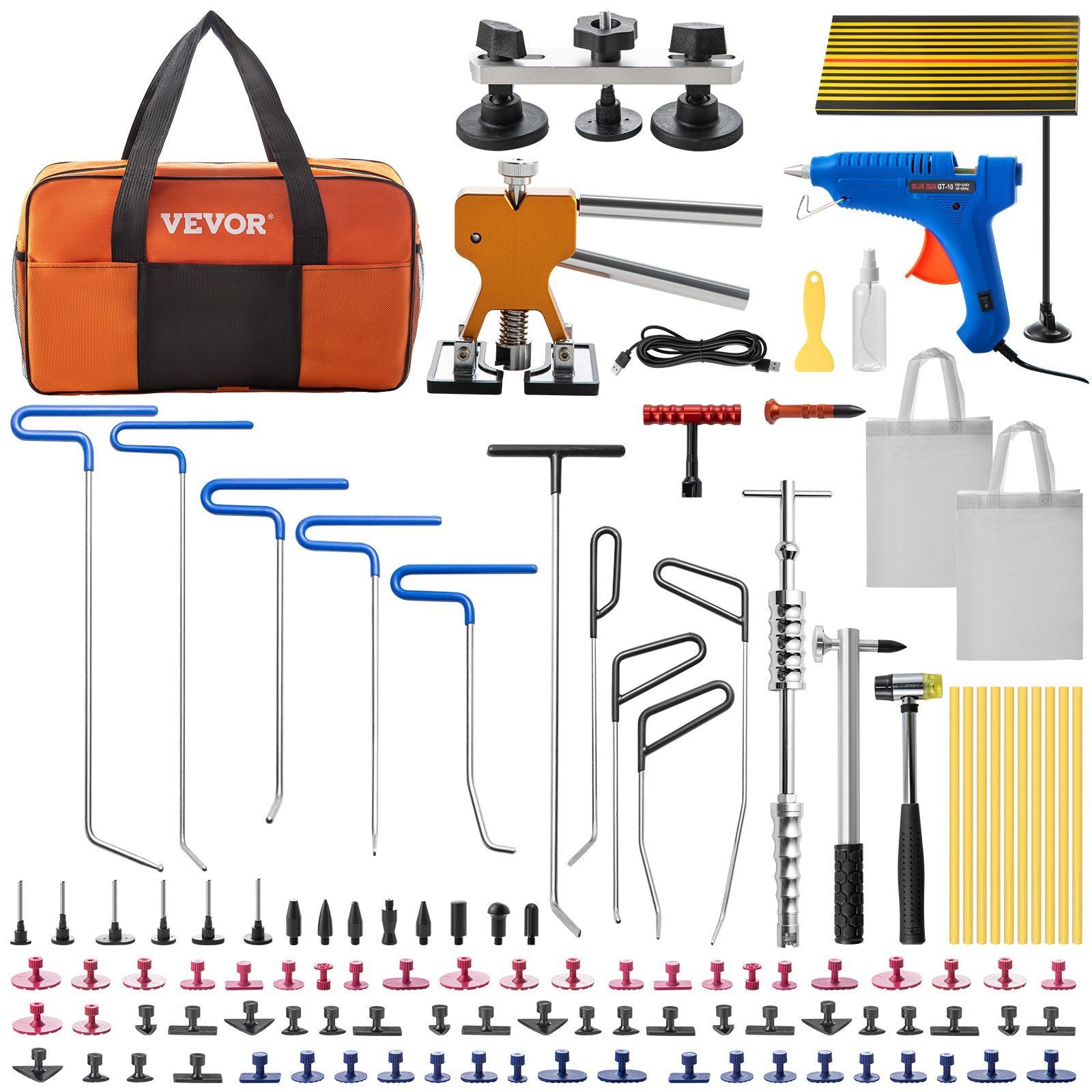 VYSN automotive paintless dent removal rods set with 89 golden repair tools and glue puller tabs for auto dent and door ding repairs