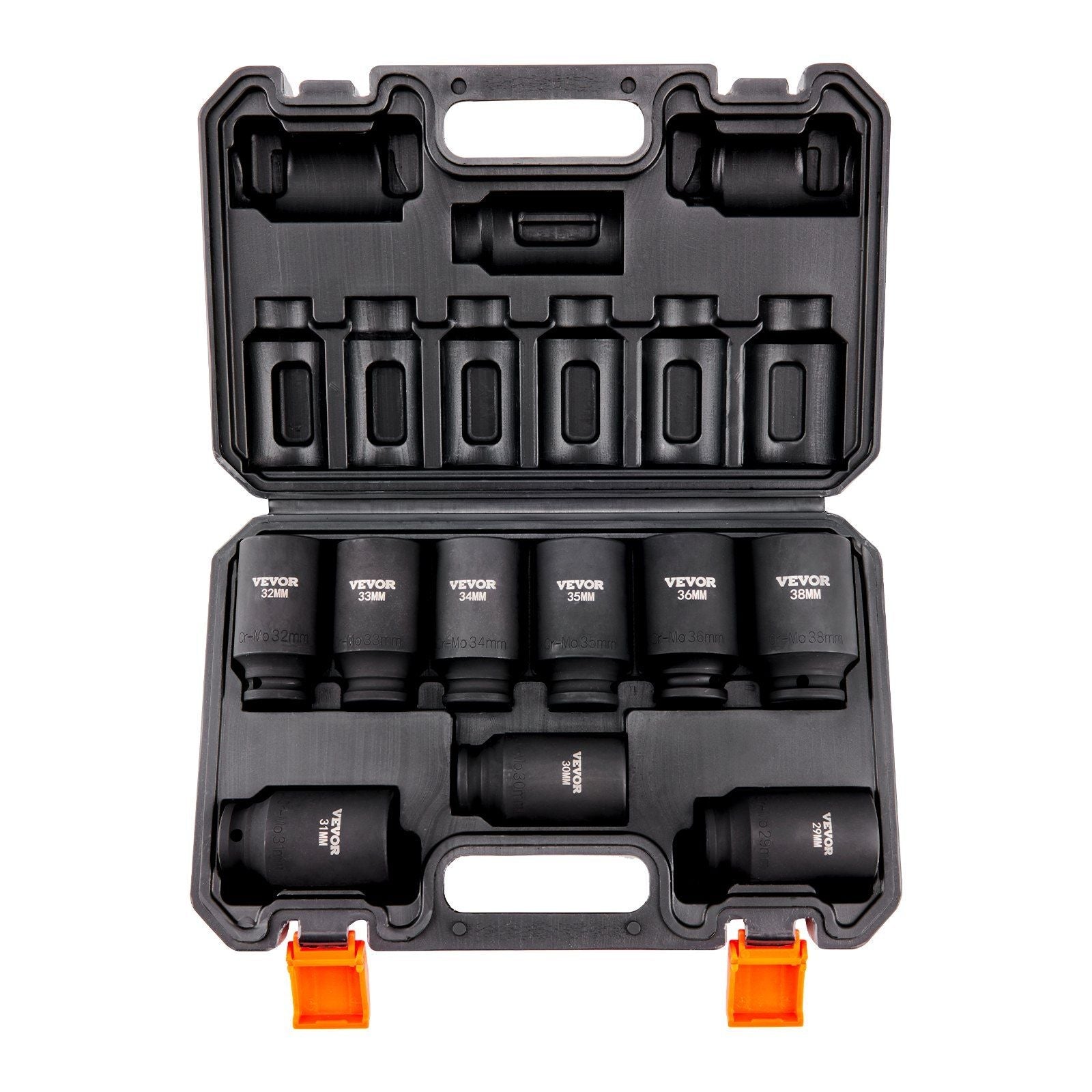 VYSN 1/2-inch drive impact socket set with 9 metric deep sockets 29-38mm, Cr-Mo steel, includes storage case.