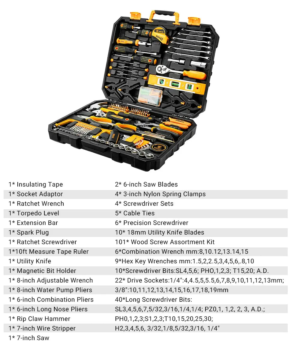 DEKO 228Pcs Socket Wrench Auto Repair Tool Combination Package Mixed Tool Set Hand Tool Kit with Plastic Toolbox Storage Case Gm Service Guy