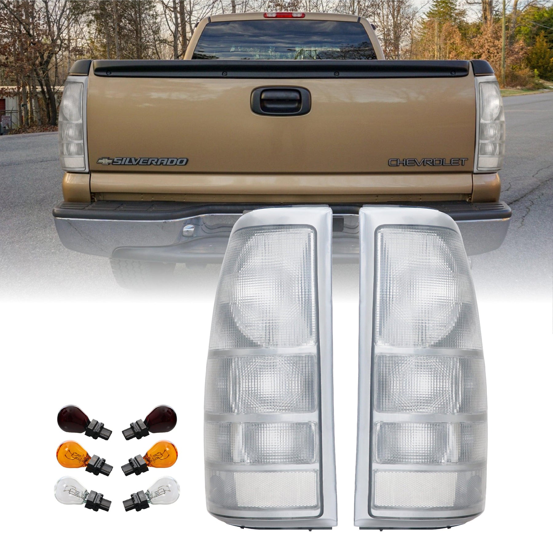 NTXGlow clear tail lights for 1999-2002 Chevrolet Silverado and 1999-2007 GMC Sierra, designed for improved visibility and style.