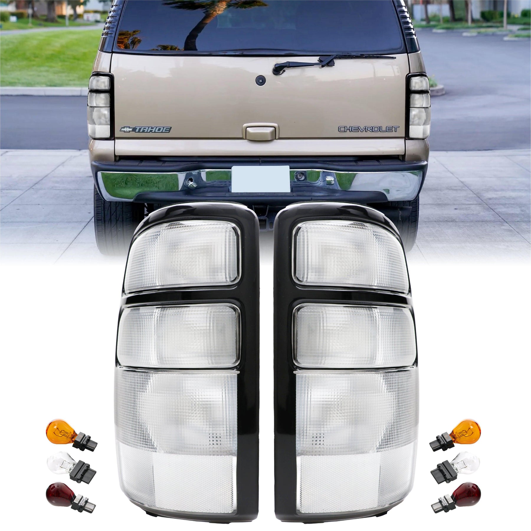 Clear Euro style tail lights for 2000-2006 GMC Yukon XL Denali, Chevrolet Suburban, Tahoe by NTXGlow, designed for enhanced vehicle lighting.
