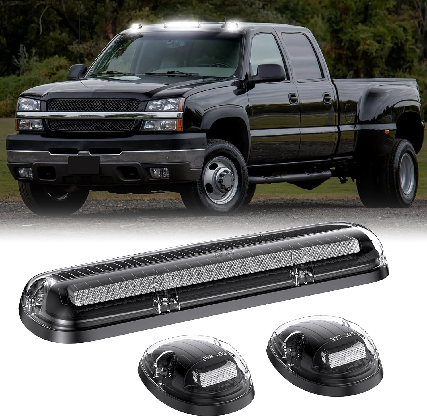 Smoked white and amber LED roof cab lights for 2000-2006 GMC Chevy HD trucks, exterior LED lighting by AutoLEDTech.com