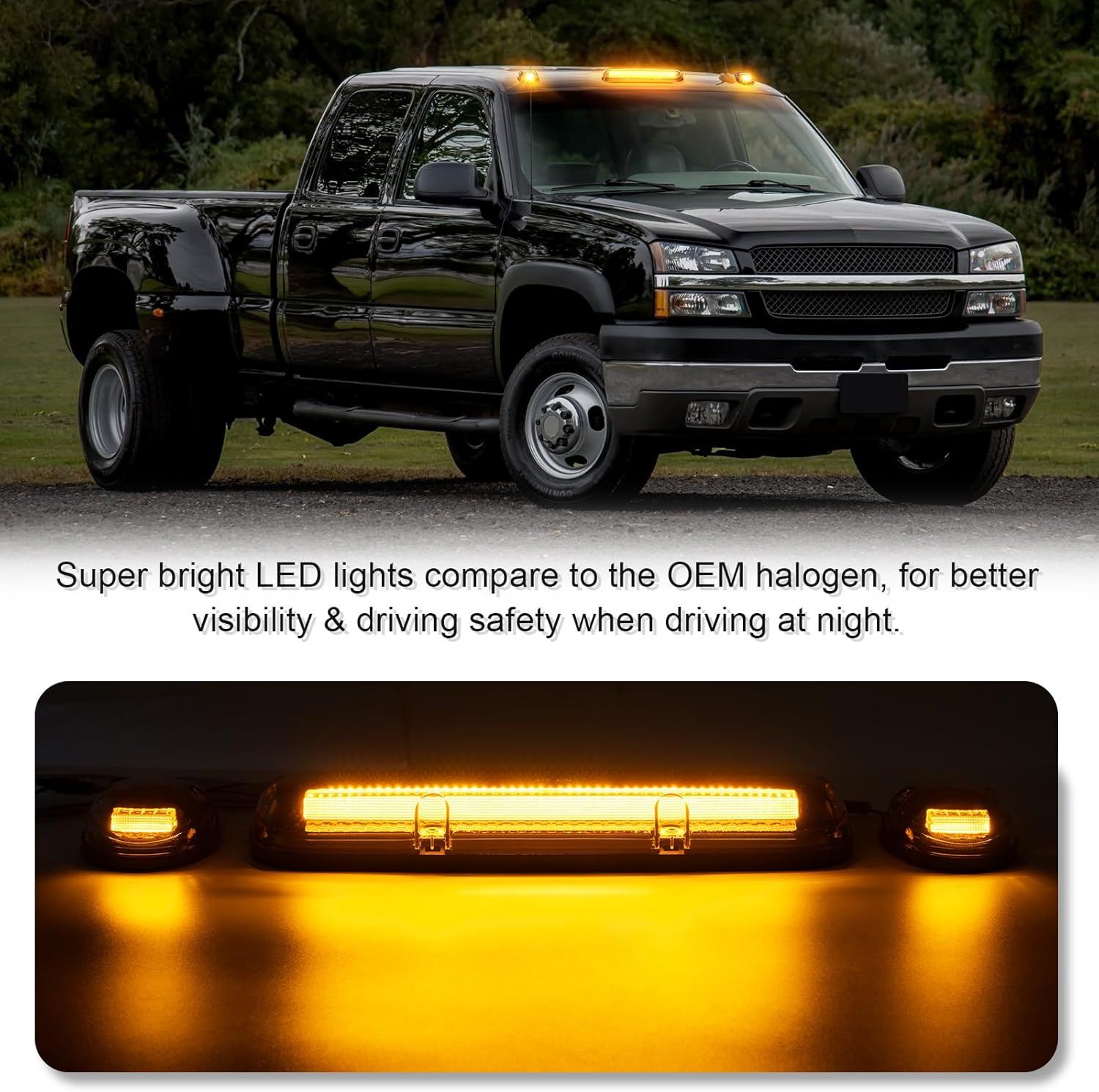 2000-2006 GMC Chevy HD smoked white amber LED roof cab lights for interior and exterior use, installed on truck roof.