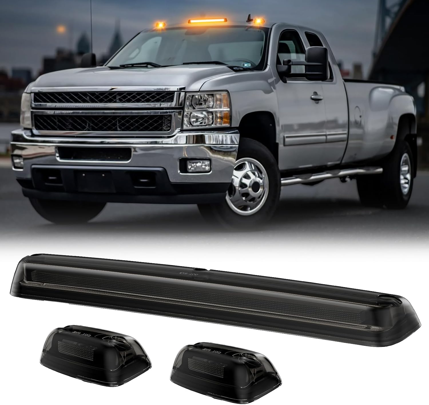 GMC Chevy HD 2007-2014 smoked white and amber LED roof cab lights for interior and exterior use, by AutoLEDTech.com