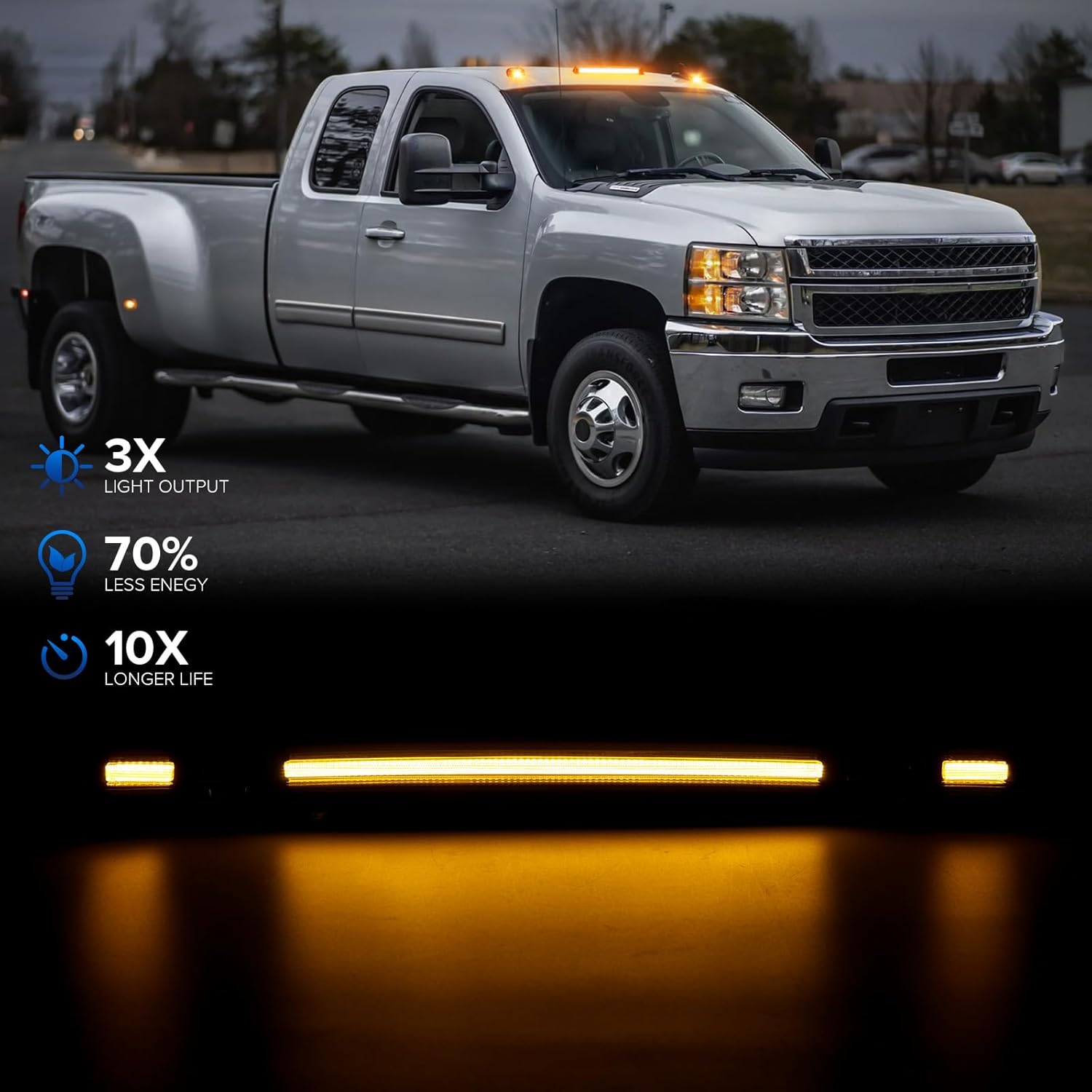 2007-2014 GMC Chevy HD smoked white amber LED roof cab lights installed on vehicle exterior, showcasing interior and exterior lighting features