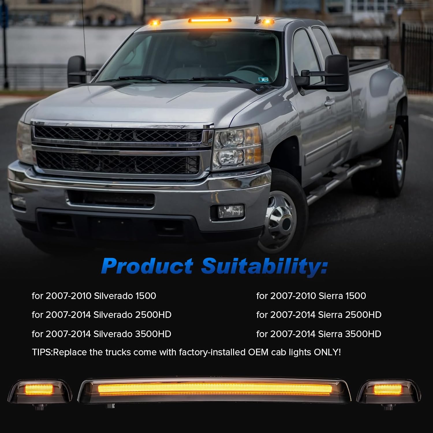 GMC Chevy HD 2007-2014 smoked white and amber LED roof cab lights, exterior vehicle lighting, autoLEDTech.com