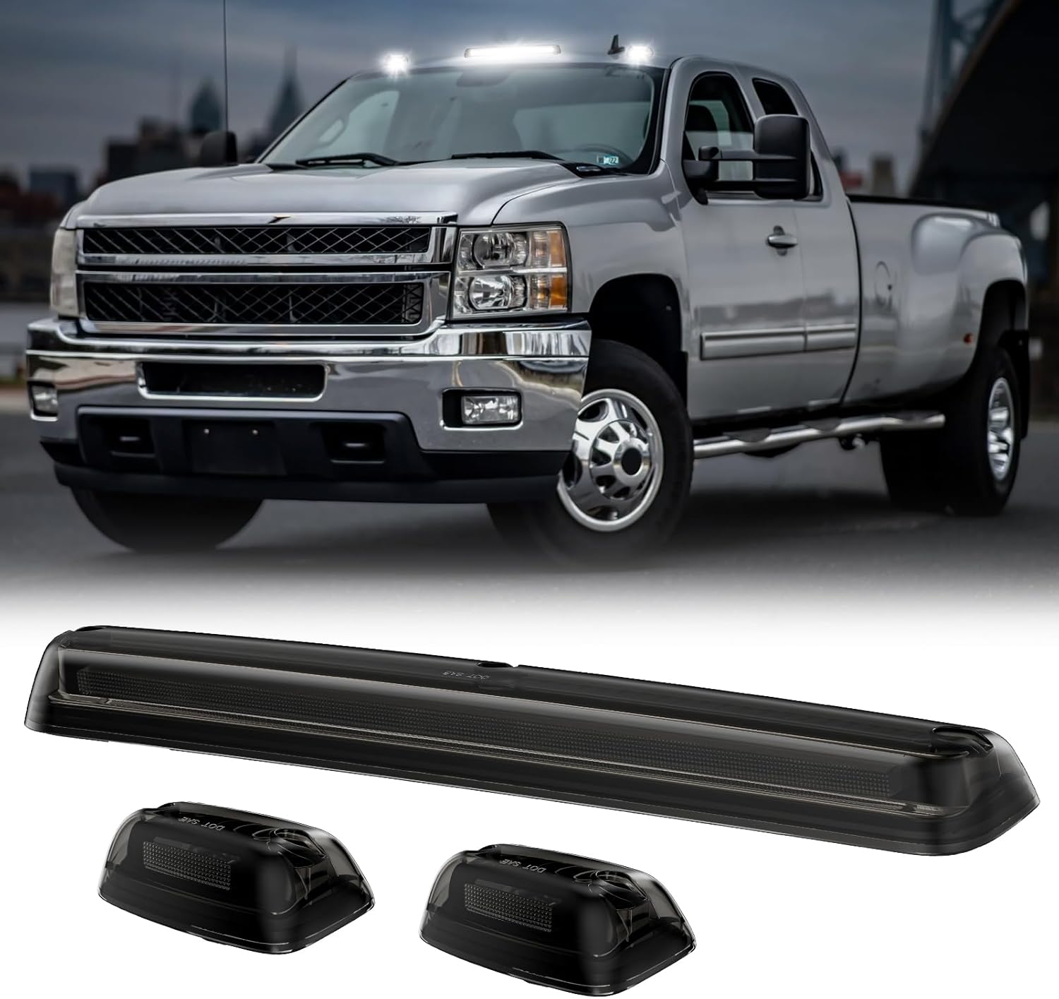 2007-2014 GMC Chevy HD smoked white amber LED roof cab lights installed on vehicle roof for interior and exterior lighting.