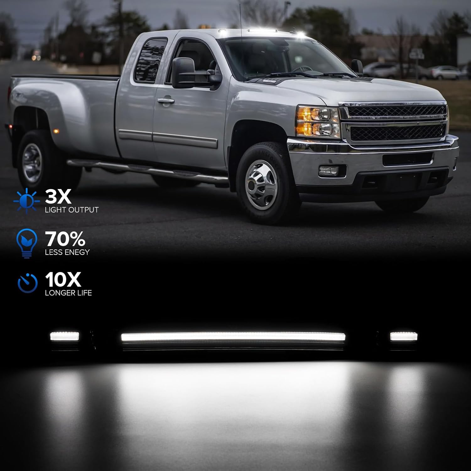 2007-2014 GMC Chevy HD smoked white amber LED roof cab lights installed on the vehicle's roof for interior and exterior lighting.