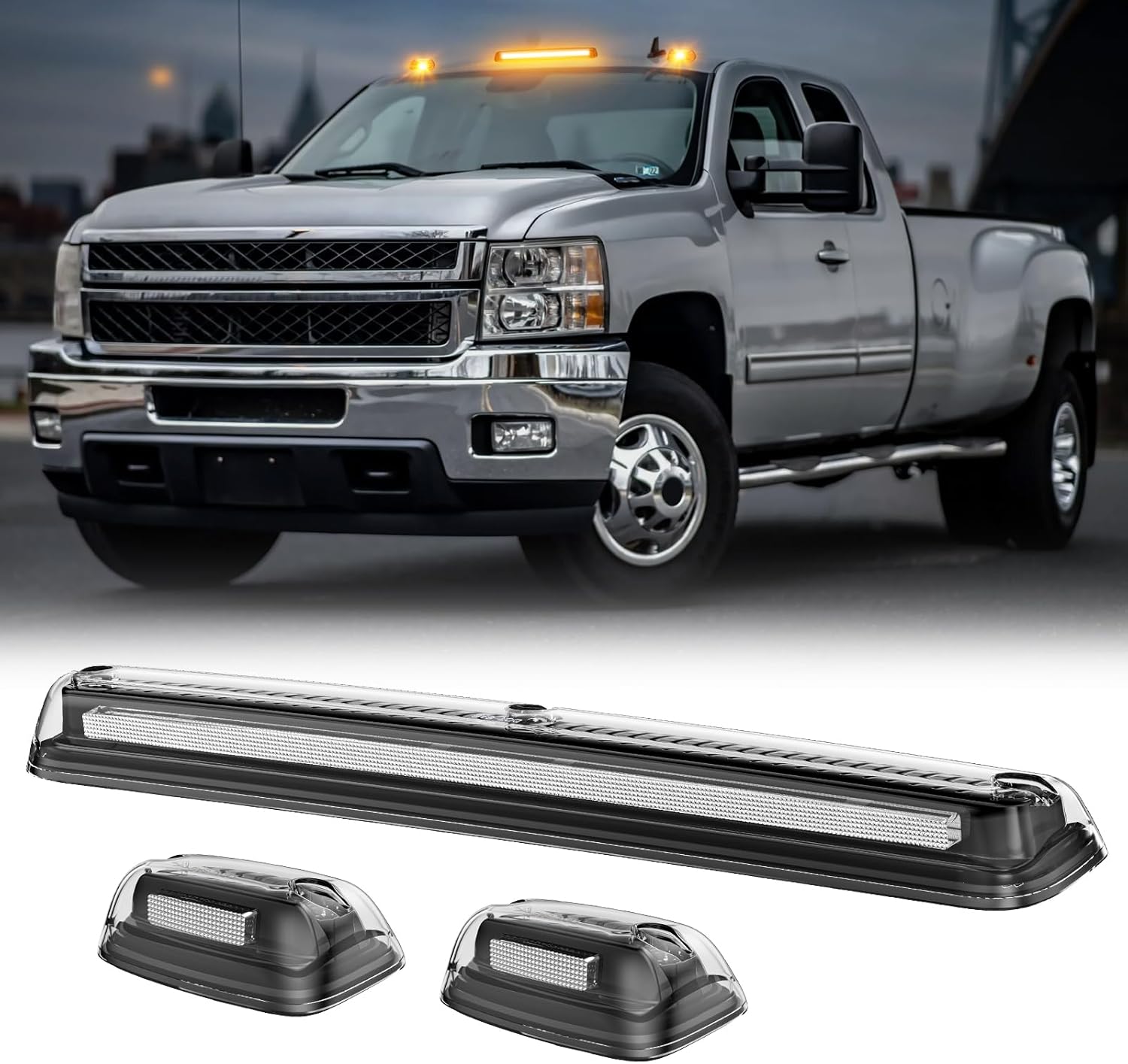 Smoked white and amber LED roof cab lights for 2007-2014 GMC Chevy HD trucks, exterior automotive lighting by AutoLEDTech.com.