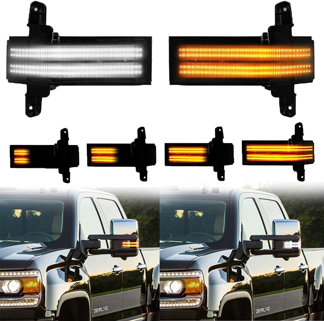 Smoked switchback LED mirror lights for 2014-2019 GMC Sierra and Chevy Silverado HD, exterior and interior, by AutoLEDTech.com