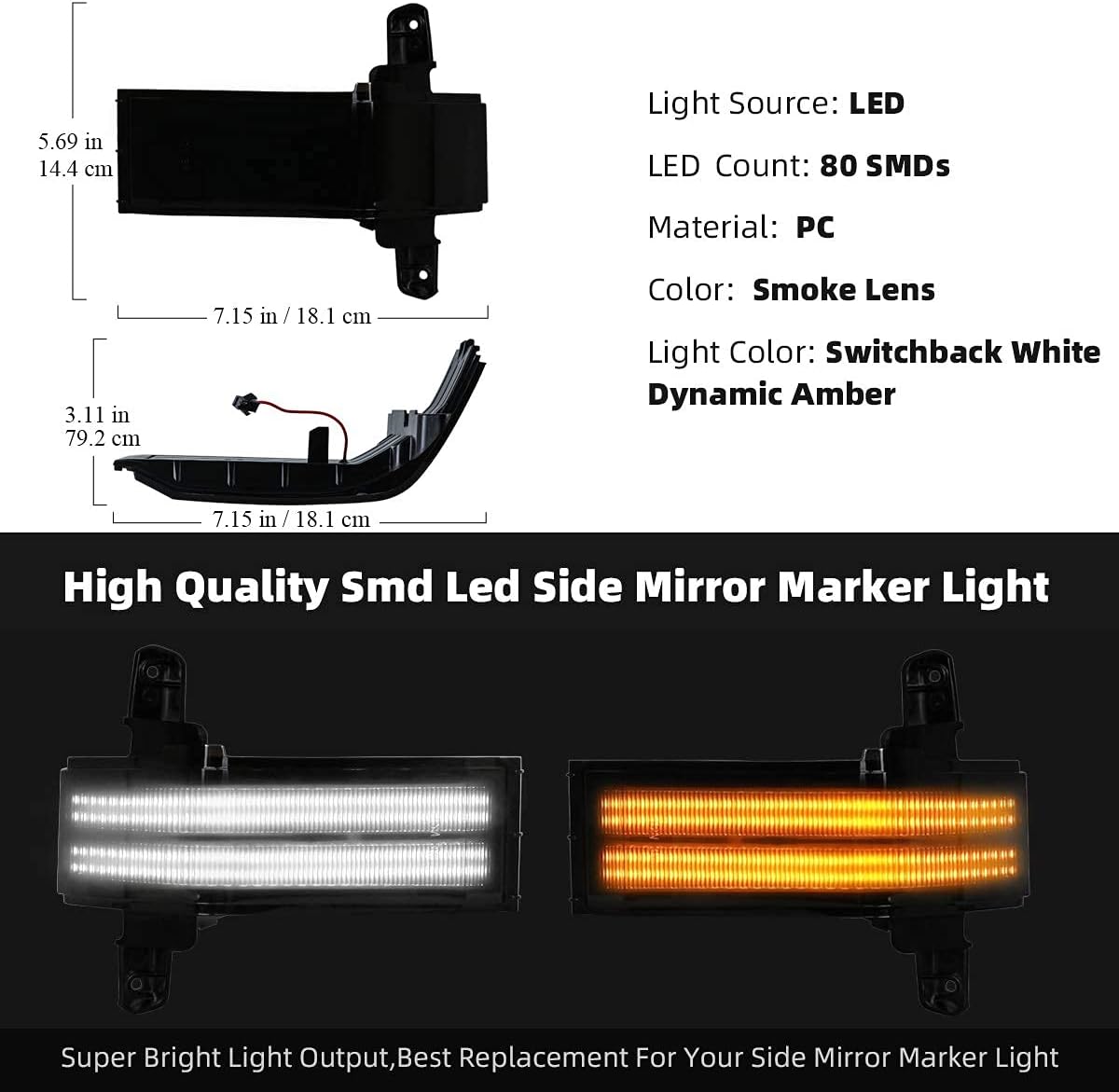 Smoked switchback LED mirror lights for 2014-2019 GMC Sierra and Chevy Silverado HD, installed on vehicle exterior mirrors.
