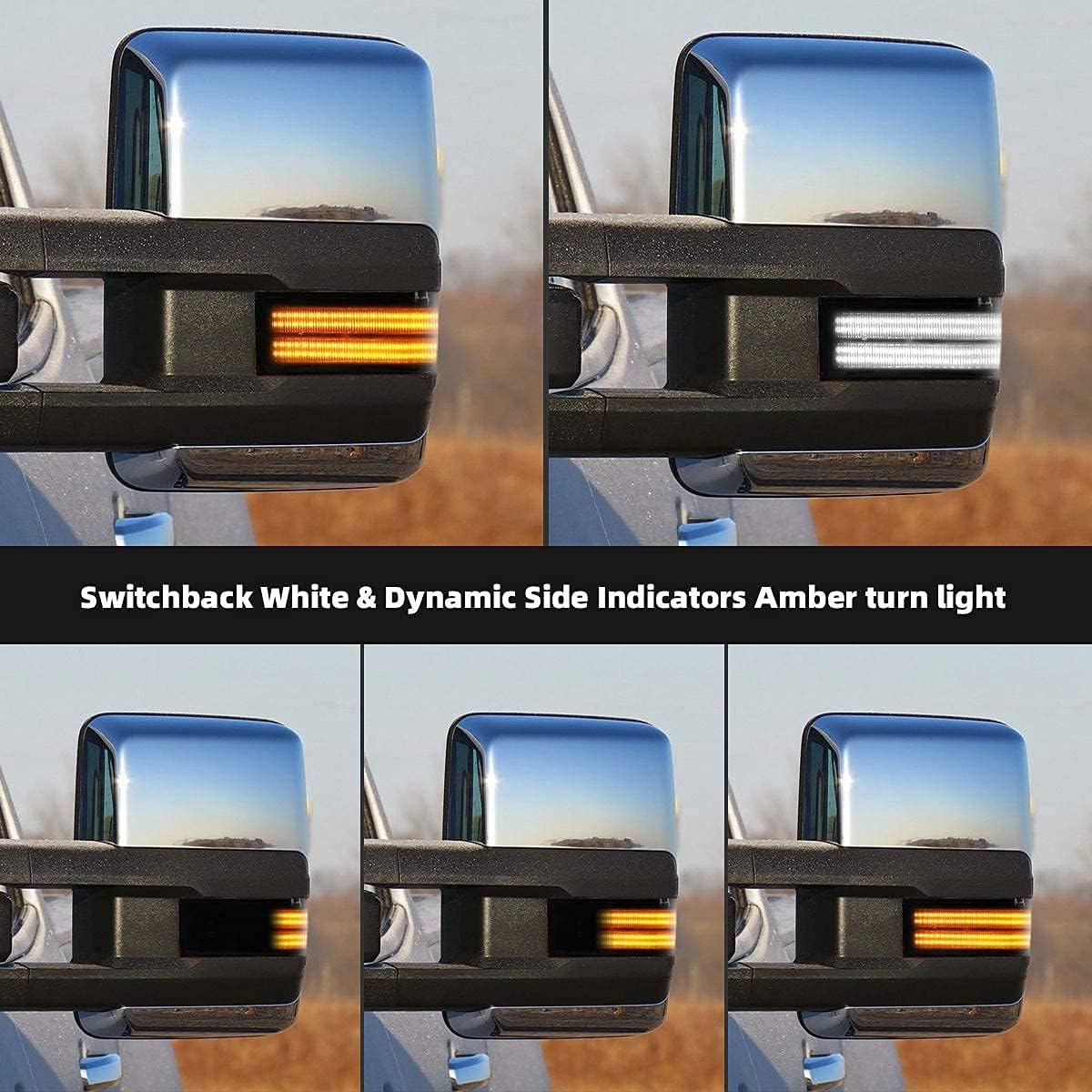 Smoked switchback LED mirror lights for 2014-2019 GMC Sierra and Chevy Silverado HD, showing interior and exterior installation.