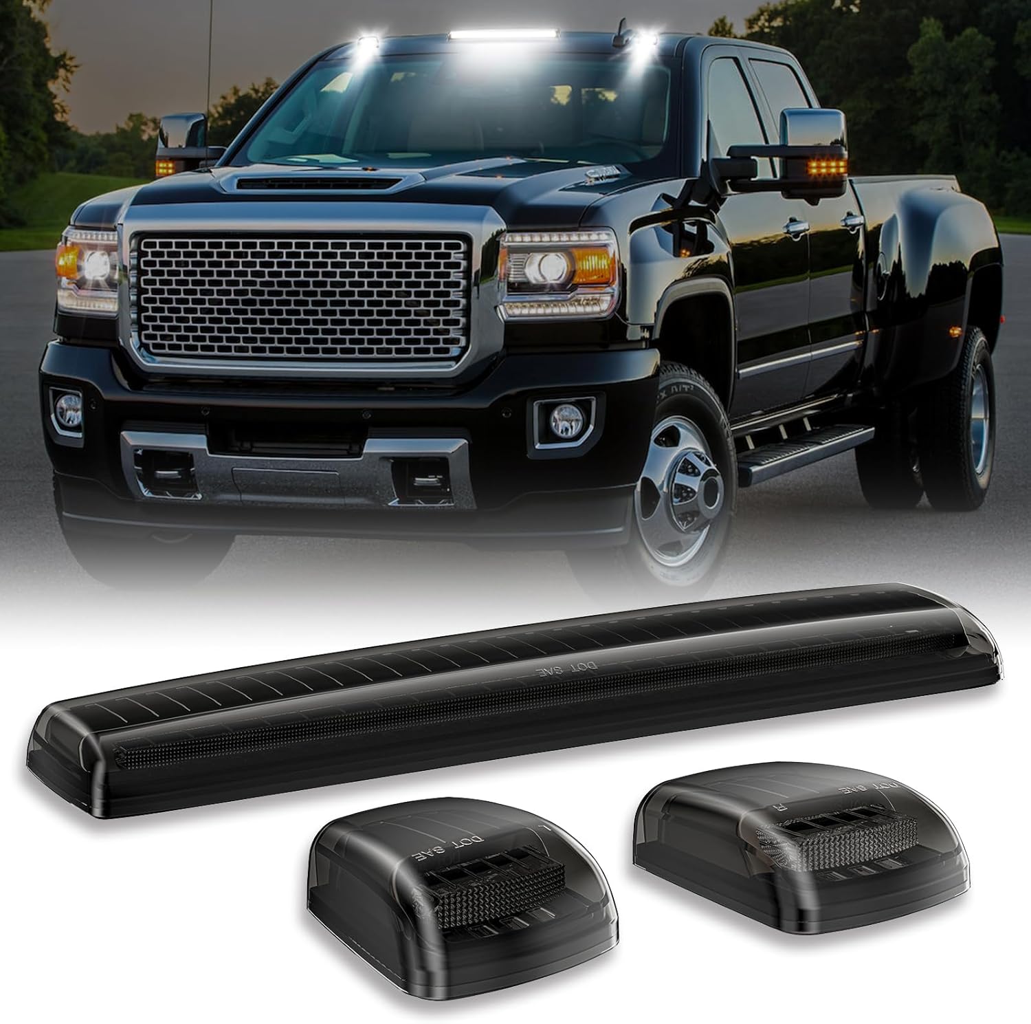 Smoked switchback LED mirror lights for 2014-2019 GMC Sierra and Chevy Silverado HD, exterior and interior vehicle lighting.