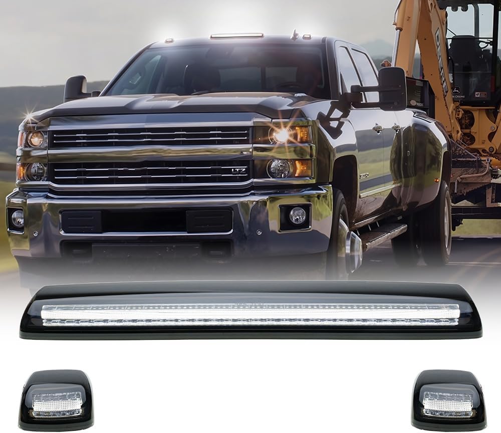 Smoked white and amber LED roof cab lights for 2015-2019 GMC and Chevy HD trucks, exterior auto LED lights installation.