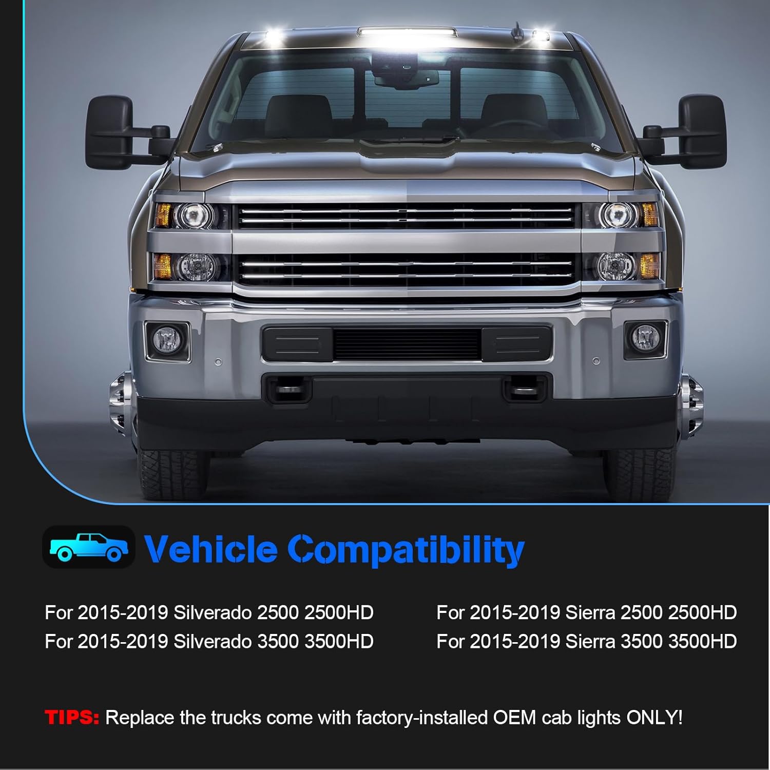 Smoked white and amber LED roof cab lights for 2015-2019 GMC and Chevy HD trucks, showing the exterior lighting installation.