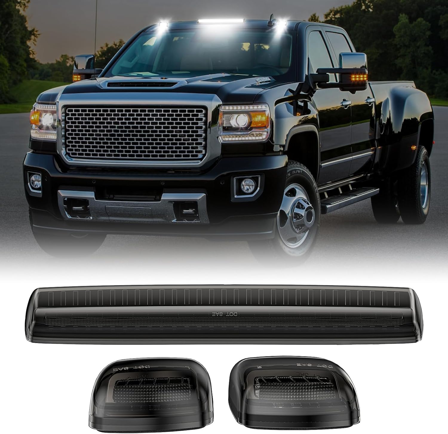 Smoked white and amber LED roof cab lights for 2015-2019 GMC and Chevy HD trucks, exterior truck lighting by AutoLEDTech.com