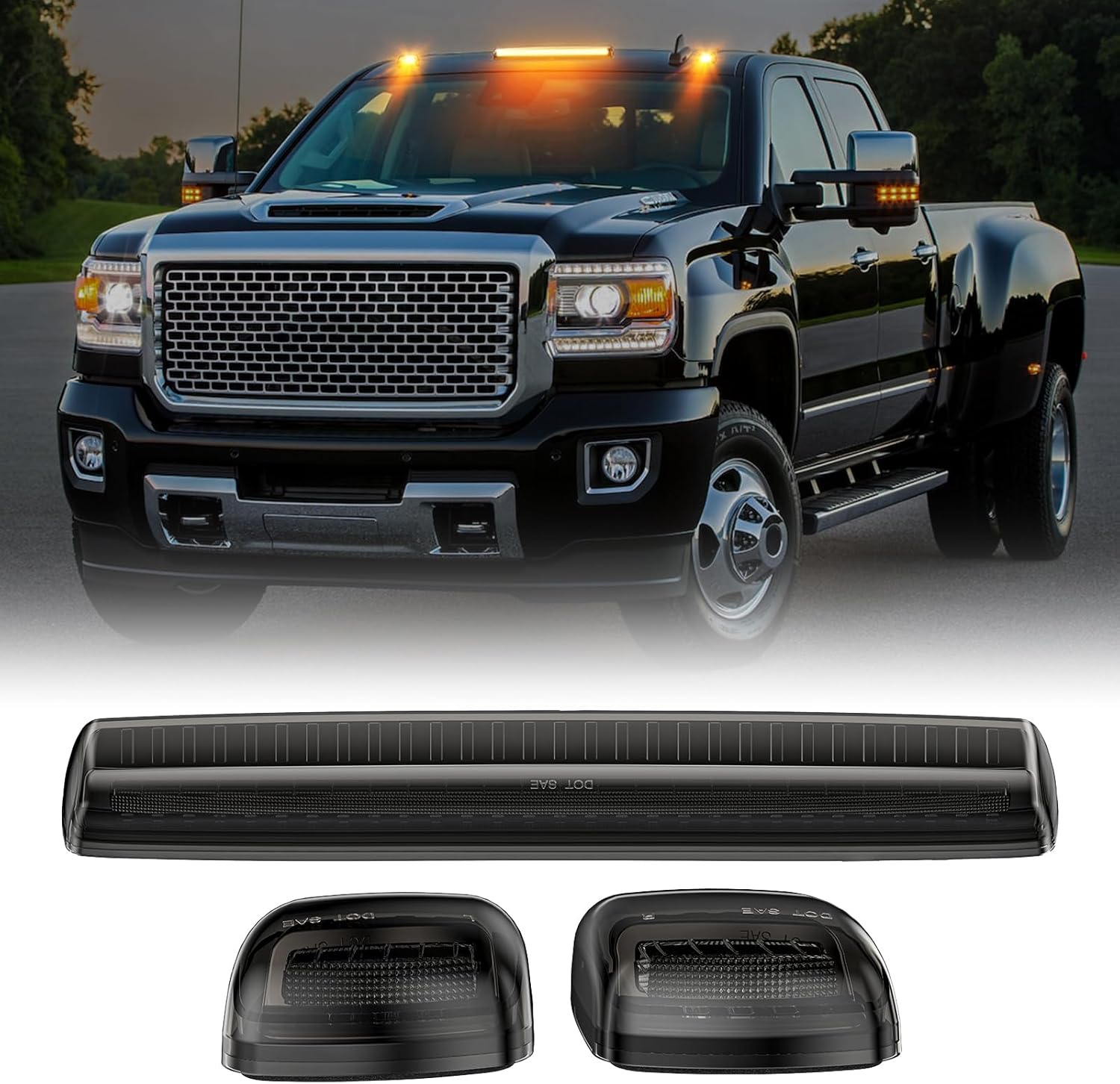 Smoked white and amber LED roof cab lights for 2015-2019 GMC Chevy HD trucks, exterior auto lighting by AutoLEDTech.com